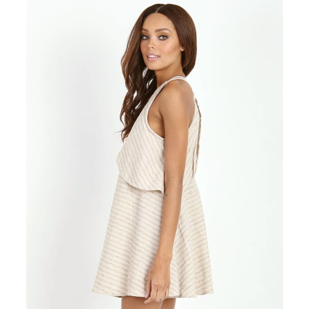 Free People Novelty Ivory Blue Striped Linen Sleeveless Open Back Mini Dress - Picture 2 of 14